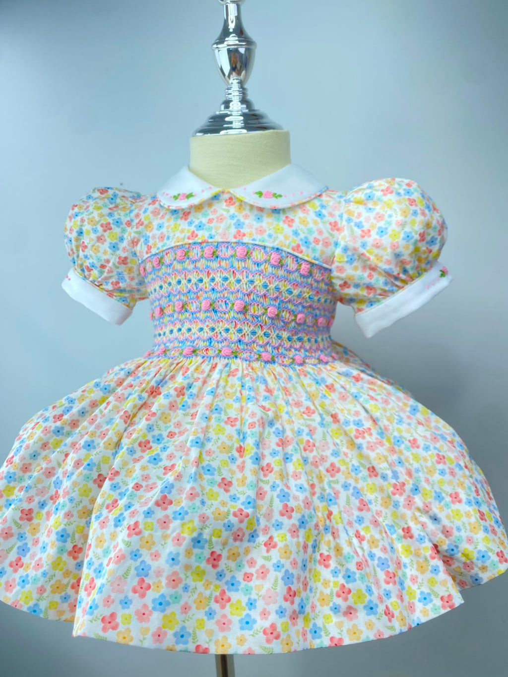 Harmony Pastel Floral Hand Smocked Dress With Knickers & Hair Accessories (Pre Order)