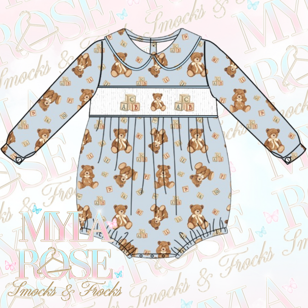 Blue Teddy Smocked Romper