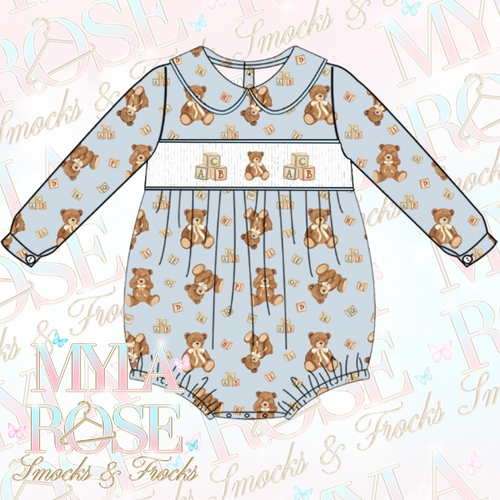 Blue Teddy Smocked Romper