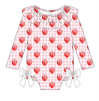 Gingham Strawberry Girls Long Sleeve Swimming Costume