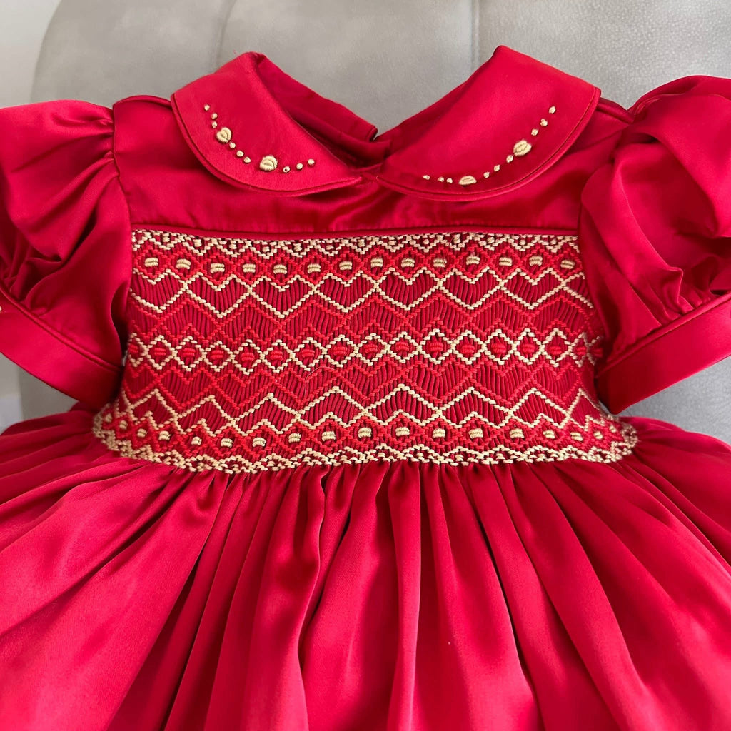 Noel Luxe Red Silk Hand Smocked Dress With Hair Accessories & Knickers (Pre Order)