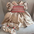 Noel Luxe Champagne Silk Hand Smocked Dress With Hair Accessories & Knickers (Pre Order)