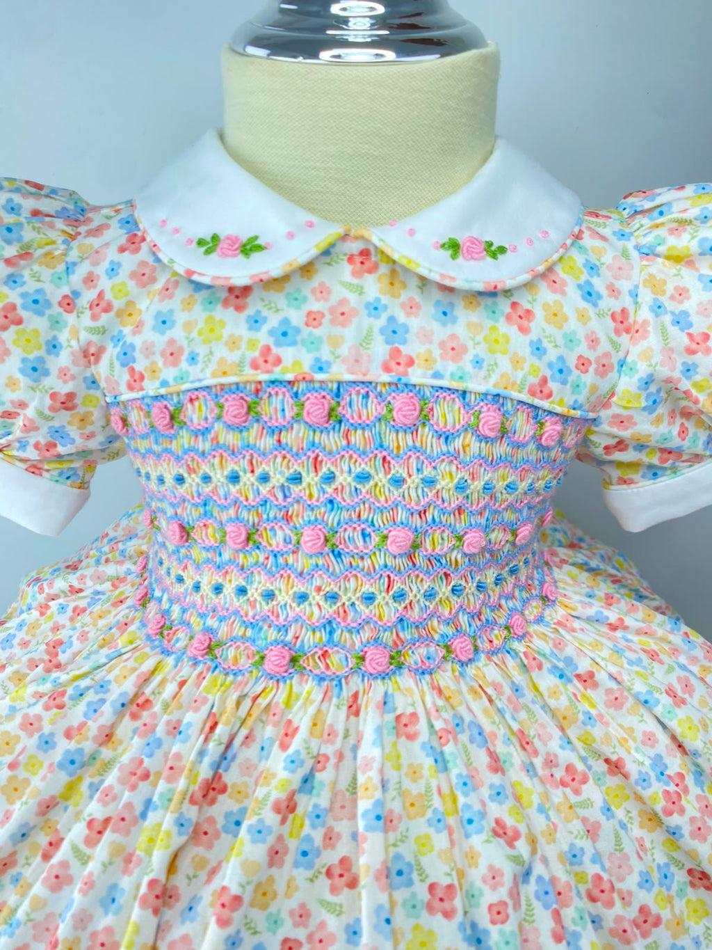 Harmony Pastel Floral Hand Smocked Dress With Knickers & Hair Accessories (Pre Order)