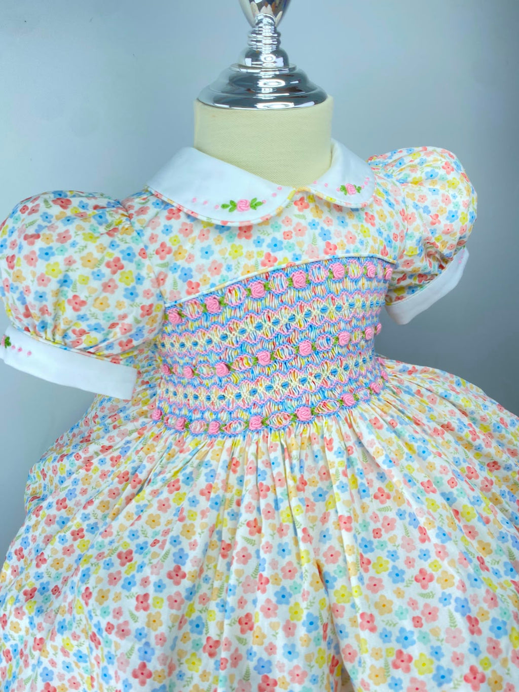 Harmony Pastel Floral Hand Smocked Dress With Knickers & Hair Accessories (Pre Order)