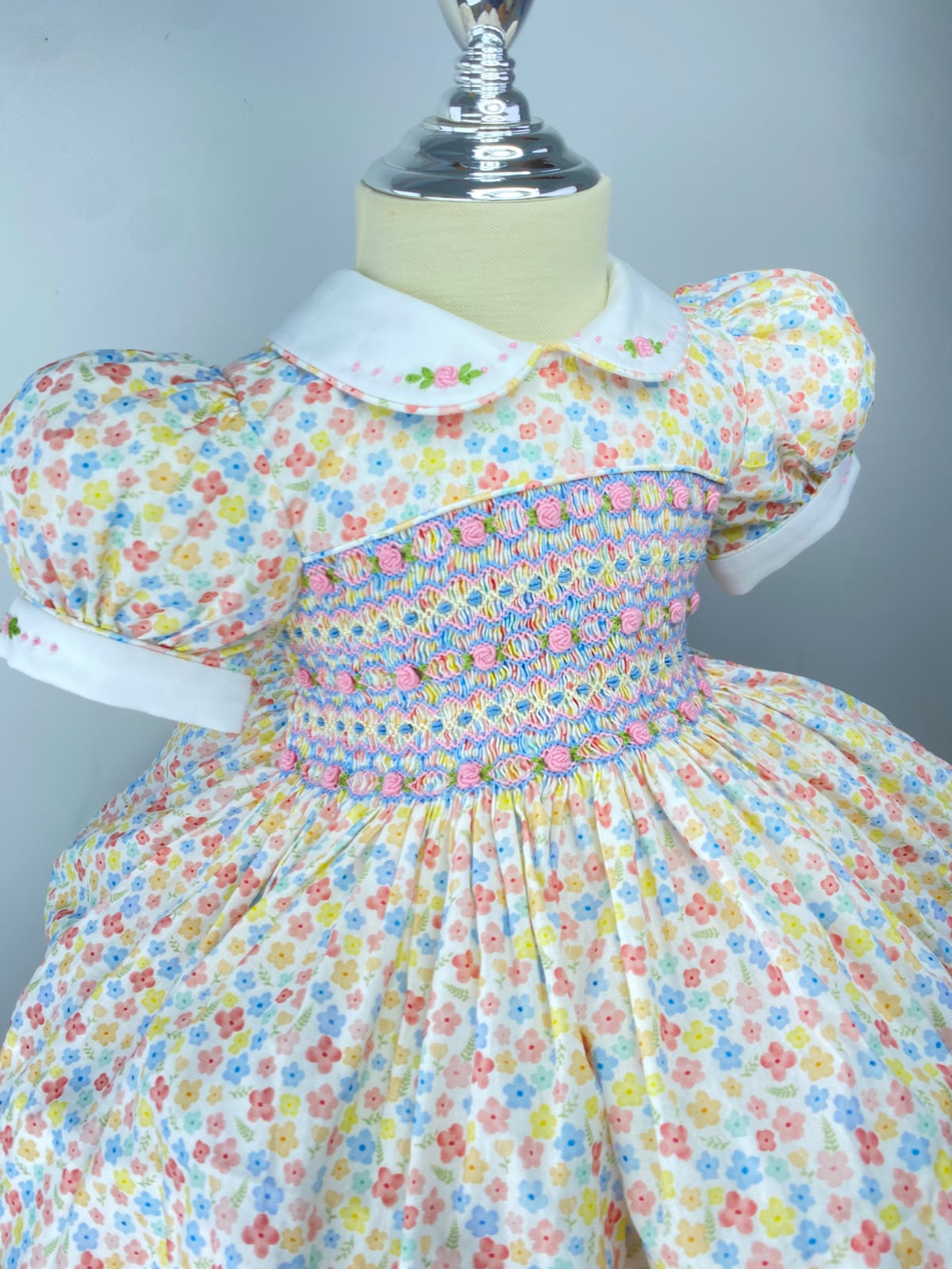 Harmony Pastel Floral Hand Smocked Dress With Knickers & Hair Accessories (Pre Order)