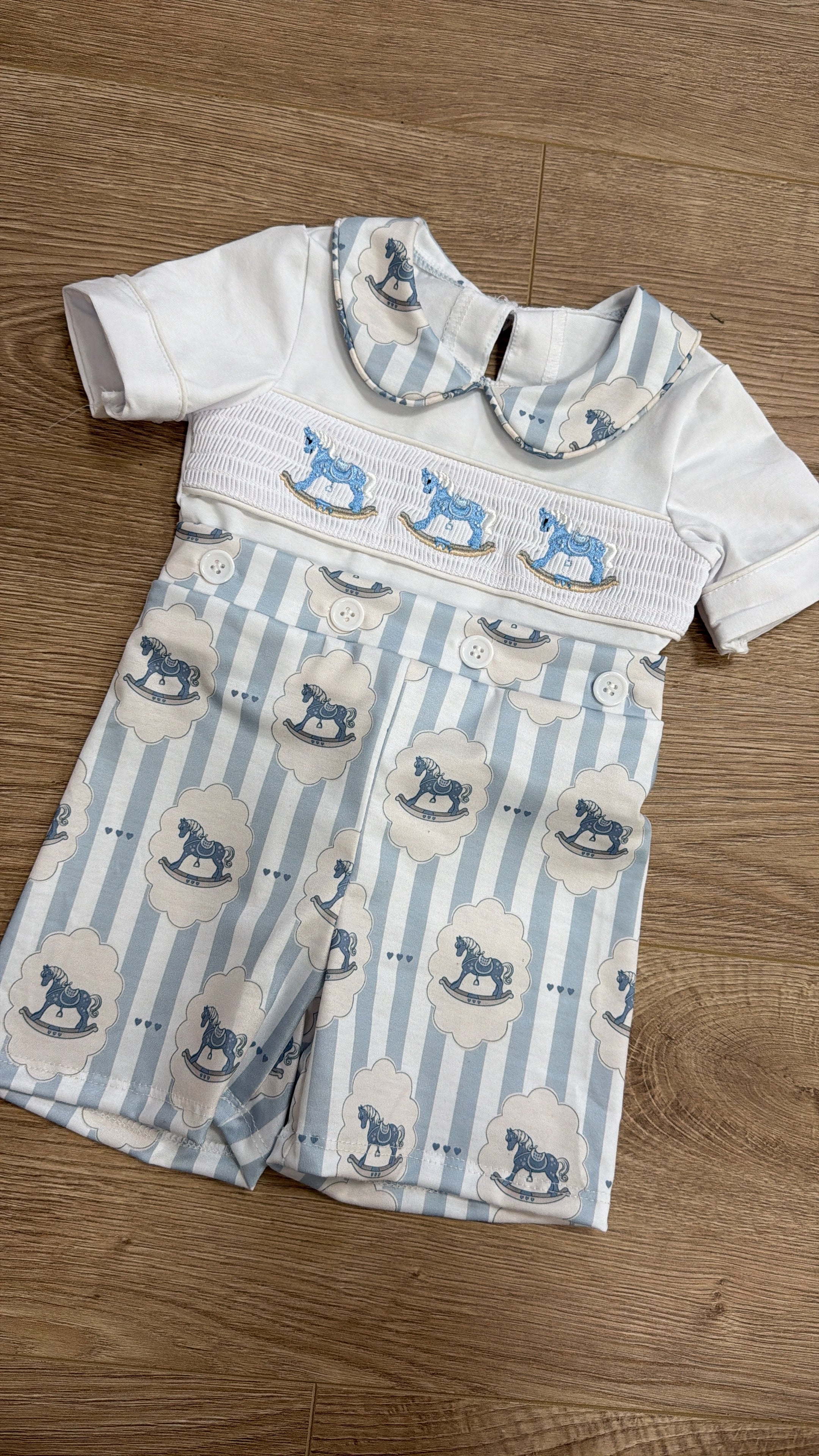 Blue Vintage Rocking Horse Boys Smocked Shorts Set
