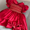 Noel Luxe Red Silk Hand Smocked Dress With Hair Accessories & Knickers (Pre Order)