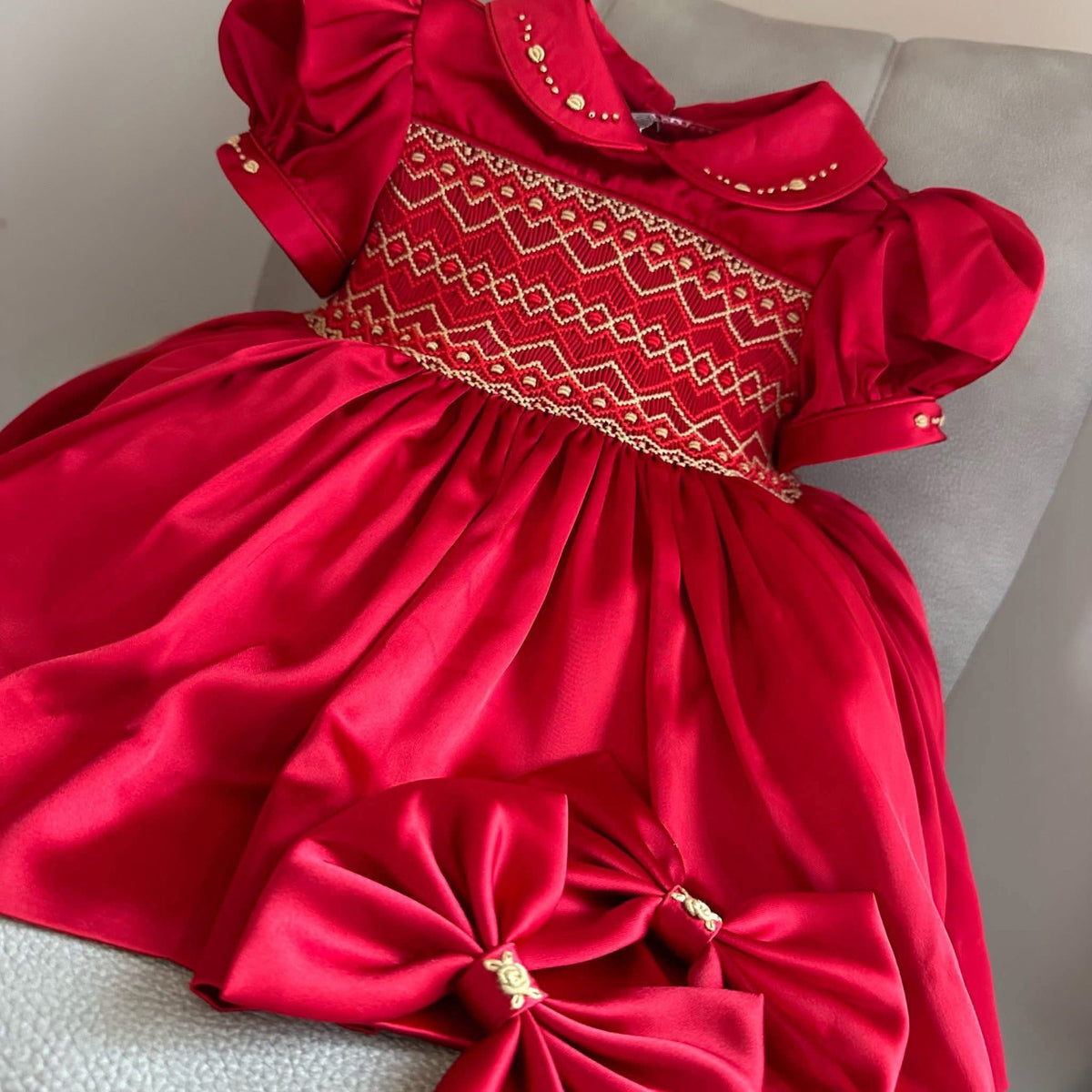 Noel Luxe Red Silk Hand Smocked Dress With Hair Accessories & Knickers (Pre Order)