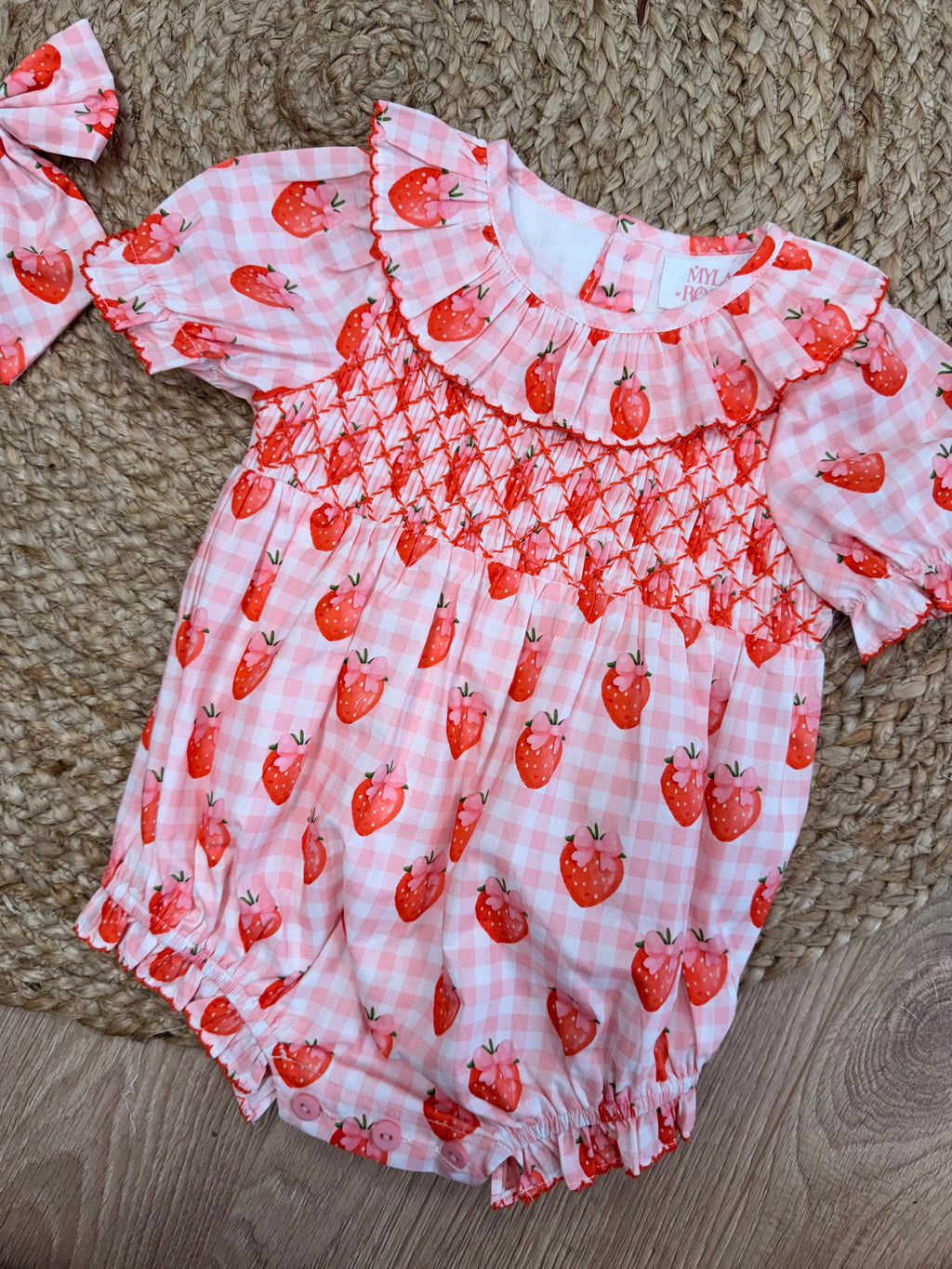 Gingham Strawberry Girls Hand Smocked Romper