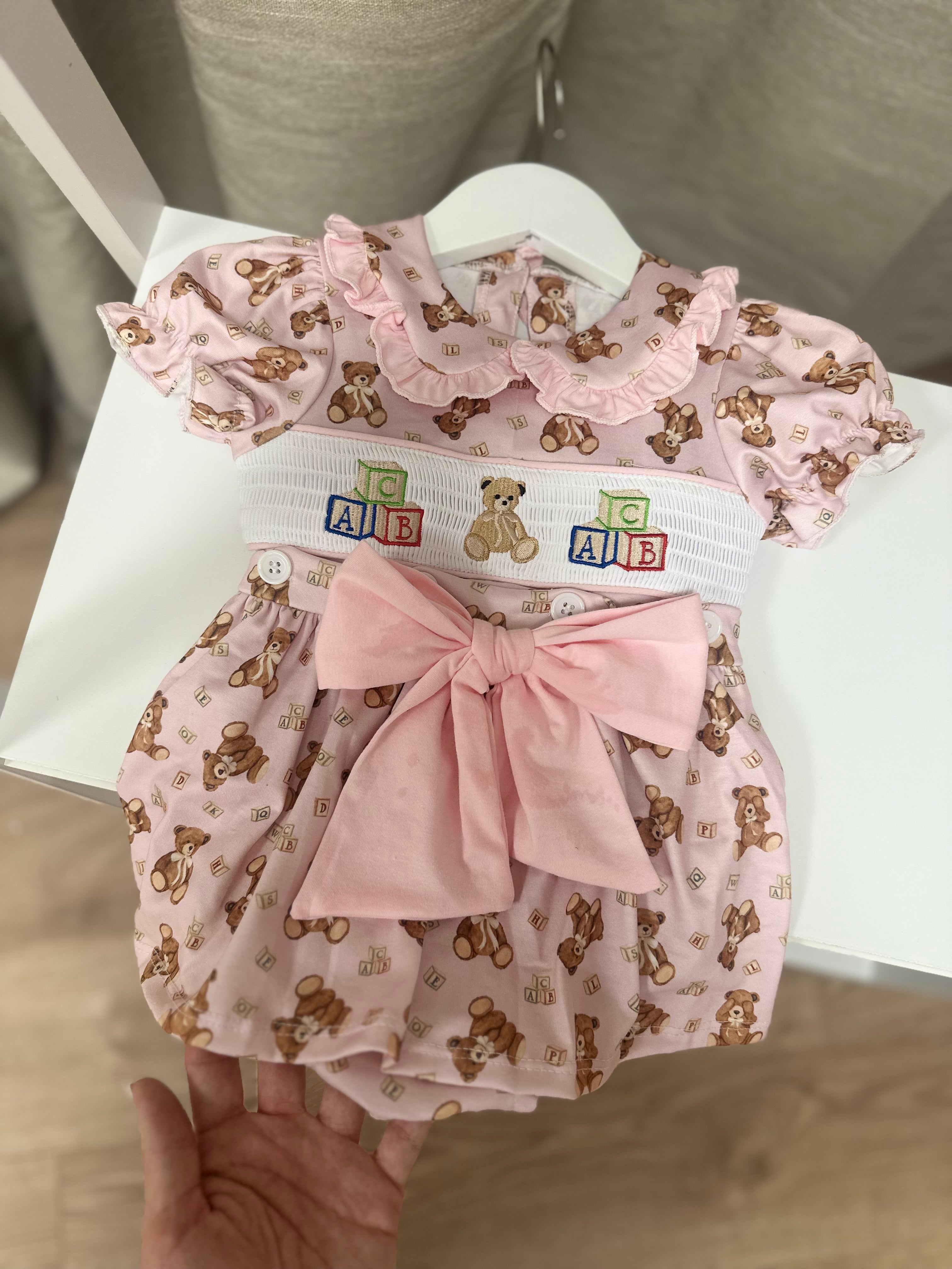 Pink Teddy Smocked Romper Set