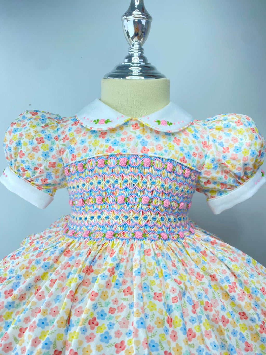 Harmony Pastel Floral Hand Smocked Dress With Knickers & Hair Accessories (Pre Order)