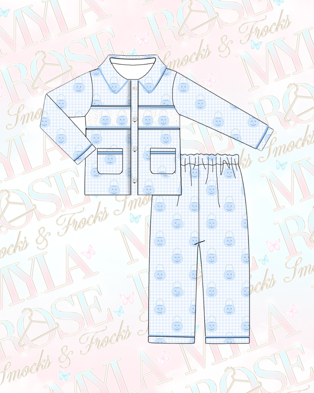 Blue Gingham Pumpkin Exclusive Smocked Pyjamas (Pre Order)