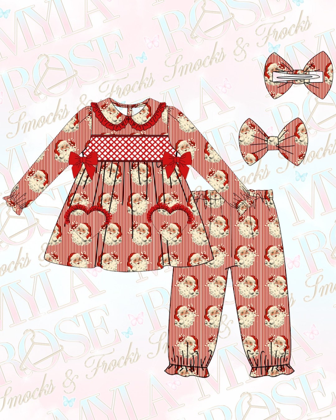 Girls Santa Striped Smocked Pyjamas With Hair Bow (Pre Order)