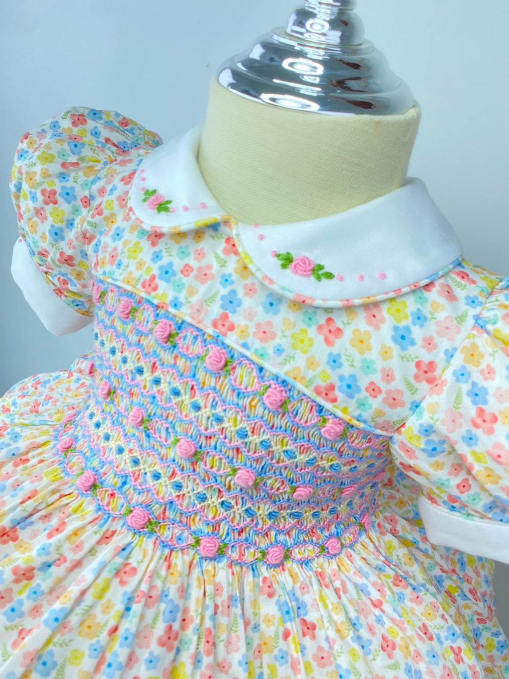 Harmony Pastel Floral Hand Smocked Dress With Knickers & Hair Accessories (Pre Order)