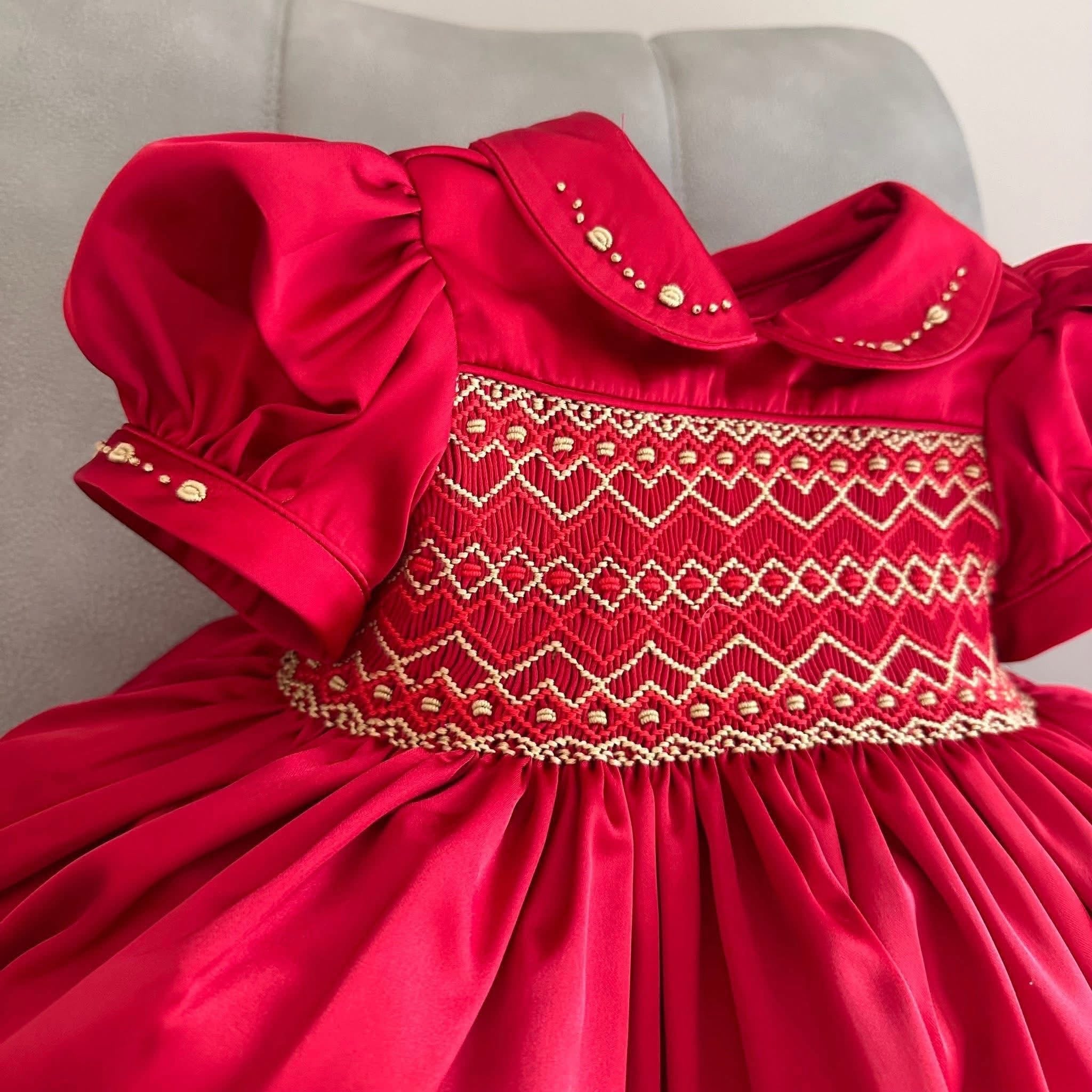 Noel Luxe Red Silk Hand Smocked Dress With Hair Accessories & Knickers (Pre Order)
