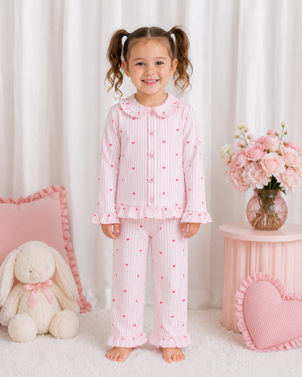 Heart Pinstripe Girls Long Sleeve Pyjamas