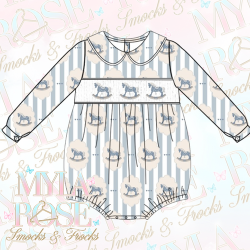 Blue Vintage Rocking Horse Boys Smocked Romper