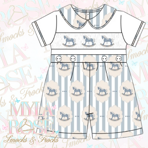 Blue Vintage Rocking Horse Boys Smocked Shorts Set